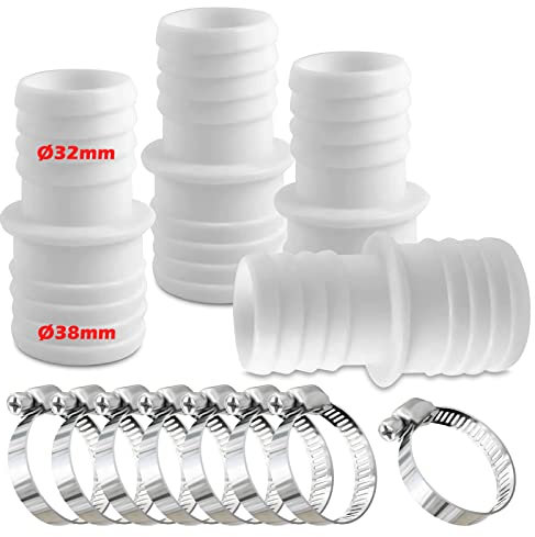 Lot de 4 raccords pour Tuyau Piscine, Raccord de Tuyau avec Colliers de Serrage, Ø 32 mm vers 38 mm de diamètre avec 8 Colliers de Serrage, Adaptateur de Tuyau de Piscine, Adaptateurs de Tuyau(Blanc)