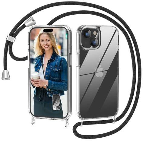 Nupcknn Coque avec Cordon pour iPhone 15 Plus, Transparente Anti-Jaunissement Coque Antichoc Housse Collier Réglable Téléphone Étui Portable Lanyard Case Protection Complète Cover(6.7,Noir)