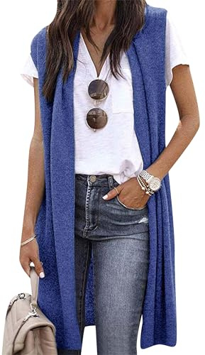 EFOFEI Femme Gilet Long Léger Blazer Uni Cardigan sans Manches Maxi Boyfriend Gilet Ample Simple Et Élégant Bleu M