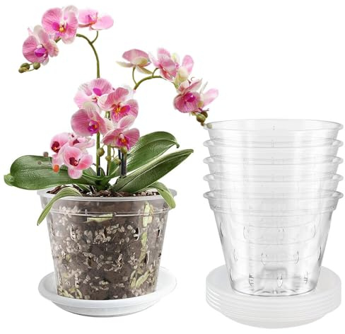 Foreverup Lot de 5 pots à orchidée en plastique transparent de 17 cm avec trous de drainage et soucoupes, pots de fleurs pour plantes d'intérieur et d'extérieur pour la santé des racines