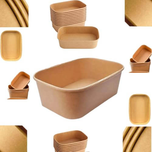 50 x 750ml (26oz) Kraft Paper Food Containers without Lids | Rectangular Disposable Takeaway Boxes - Heavy-Duty, Leakproof, Oil & Water Resistant for Restaurant, Salad, Soup, & Meals