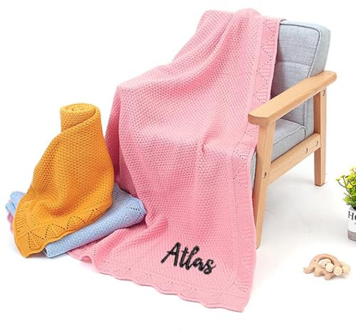 REEG Personalisierte Strick-Babydecke, besticktes Geschenk für Babyparty, Kinderwagen-Decke, Monogrammiertes Geschenk für Neugeborene, weiche Baumwolle, Grau / Rosa, ohne Name
