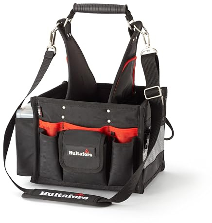 Tool bag for electricians with 34 compartments and storage options, including shoulder strap and assortment box from Hultafors I Open tool bag with compartments and pockets I Robust material I 590150