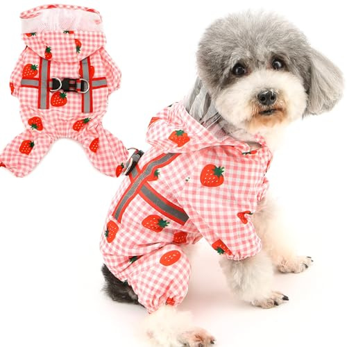 Zunea Hunde Regenmäntel mit Kapuze für Kleine Hunde Wasserdicht Welpen-Regenjacke mit Geschirrloch 4-Bein Leicht Reflektierend Regenmantel Poncho Netzfutter Haustier Hundekleidung Rosa S