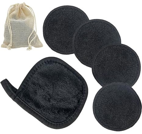 LAC FOR YOU Reusable Makeup Remover Pads (4 Pack) with Microfibre Face Cloth & Wash Bag – Bamboo, Black – Reusable Face Cleansing Pads Washable - Zero Waste