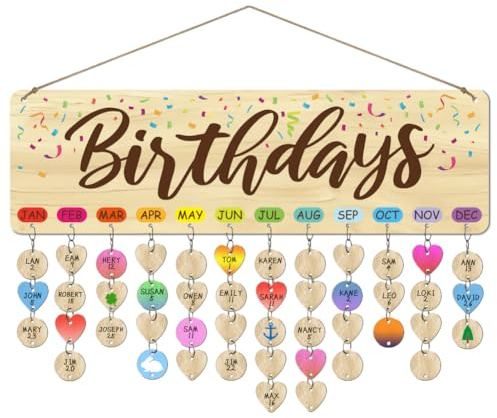 arricraft 1 Set Calendario Promemoria Compleanno Famiglia In Legno, Tabellone Regalo di Compleanno con Etichette Targa Da Appendere per Tracker di Compleanno Fai-Da-Te 12x40cm