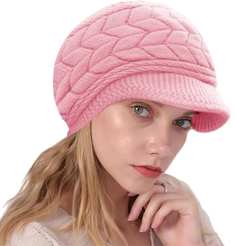 NLAND Damen Mütze Winter mit Visier Wollmütze mit Fleecefutter | Weiche,Leichte und Atmungsaktive Strickmütze,Wintermütze mit Kuscheligem Fleecefutter,Handliche Baskenmütze