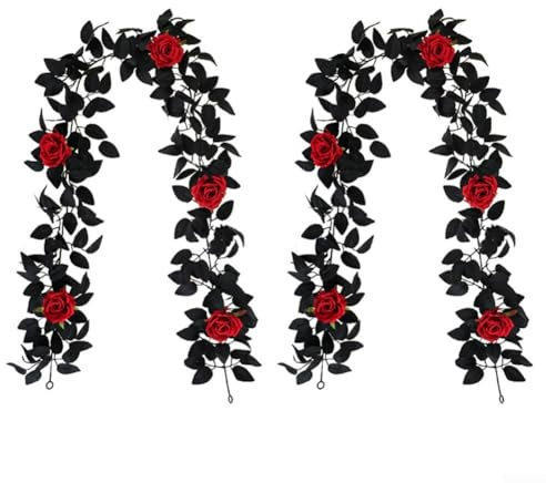 Ghirlanda di rose di salice nero per decorazioni per feste di Halloween, set di 2, 5 fiori di seta da 22,6 m, facili da appendere e mantenere