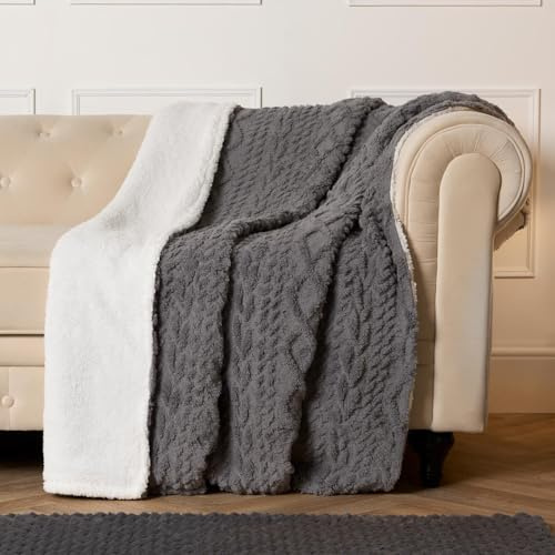OHS Knitted Blanket Grey Throw for Sofa, Cable Knit Ultra Soft Warm Teddy Fleece Blanket for Bed Couch Winter Thermal Blanket Sherpa Throw Reverse Living Room Bedroom, 130 x 160cm