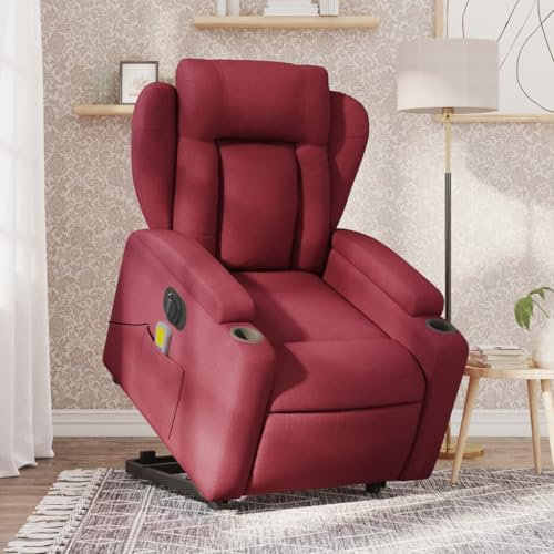 Homgoday Elektrischer Massagesessel mit Aufstehhilfe, Relaxsessel Aufstehsessel Fernsehsessel Seniorensessel mit Liegefunktion, TV Sessel Ruhesessel für Wohnzimmer Stoff Weinrot