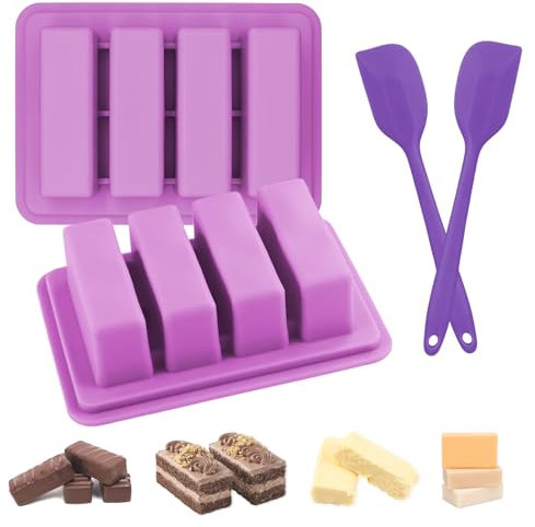 JINGIHE 4-Cavity Rectangle Butter Silicone Molds, Deep Chocolate Bar Moulds with Spatula, Silicone Moulds Kit for Soap Bread Brownie Cornbread Cheesecake Baking DIY (Purple)