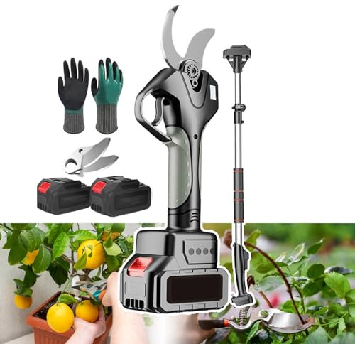 pedenencelia Sécateur Électrique,Peut Couper Branches 5 Cm D'Épaisseur,Écran LED, Sécateur sans Fil,avec 2 Lames Et Batteries 1500 Mah,Perche Auxiliaire Télescopique 210 cm,Une Paire De Gants