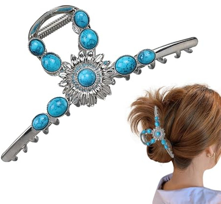 Qiwieod Blaue Edelstein-Haarspange, Western-Krallenklammern für Frauen, Simulation blauer Edelstein-Blumen-Haarnadel, Anti-Rutsch-Kopfbedeckung mit Vintage-Blumenmuster für Bühnenauftritte