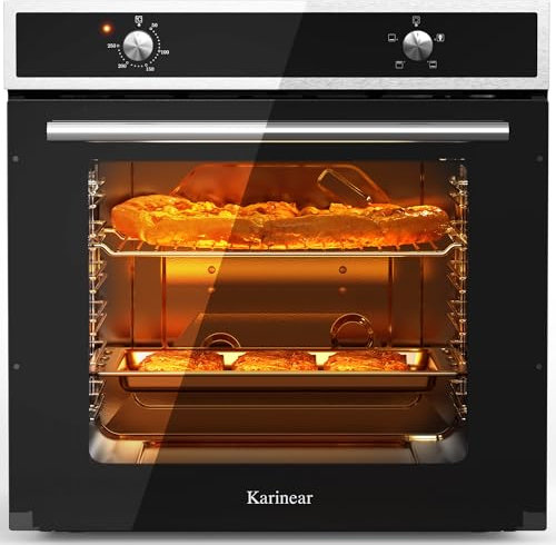 Karinear Horno empotrable 65 L con mando giratorio, Horno empotrable 60 x 60 cm con 4 programas, 50-250 °C con tapa de cristal templado, 2200 W, con enchufe