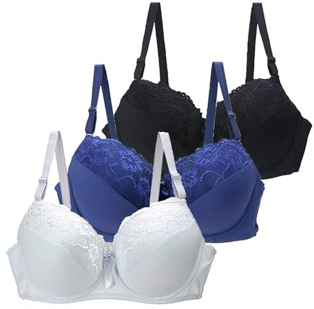 CSWH 3er Pack BHS Damen mit Bügel Push Up Sexy Spitzen-BH Frauen Starker Halt Große Brüste Klassische BH Set Bequemer Unterwäsche Bra mit Verstellbaren Trägern für Alltag
