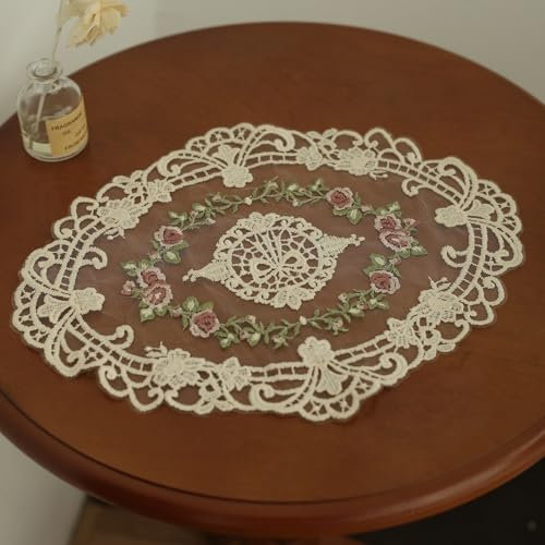 2 Stück ovale Vintage-Blumenspitzen-Platzsets, exquisit bestickte Spitzendeckchen, Tischmatte, Vasenmatte, 37,8 x 29,6 cm, Beige Stil B