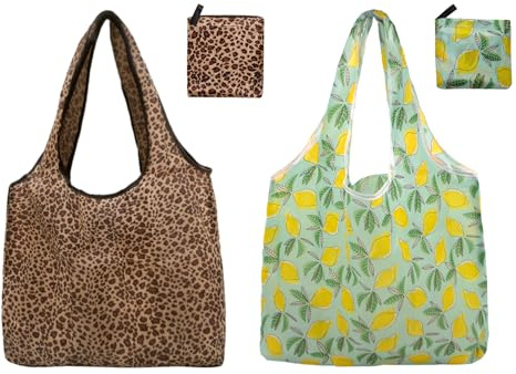 Long Keeper 2 Stück Wiederverwendbare Einkaufstaschen Große Faltbare Einkaufs Tasche Waschbare Reise Einkaufstaschen Leichte Tragbare Einkaufsbeutel (Leopard+Hellblaue Zitrone)