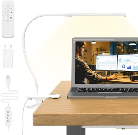 Mojimdo Lampe de bureau 77 LED avec télécommande, lampe à pince 40 cm, 3 couleurs, 10 niveaux de luminosité, flexible 360°, chargeur USB