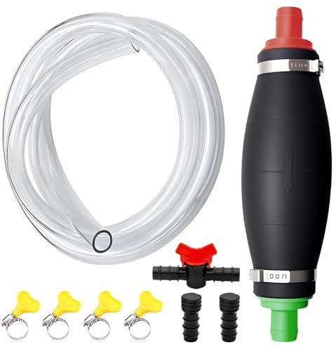 Pompe manuelle pour le transfert de liquides–Pompe de transfert XL avec fonction vide,tuyau PVC EXTRA-LONG résistant au carburant de 2,5m avec bouchon et régulateur de débit pour essence, huile et eau