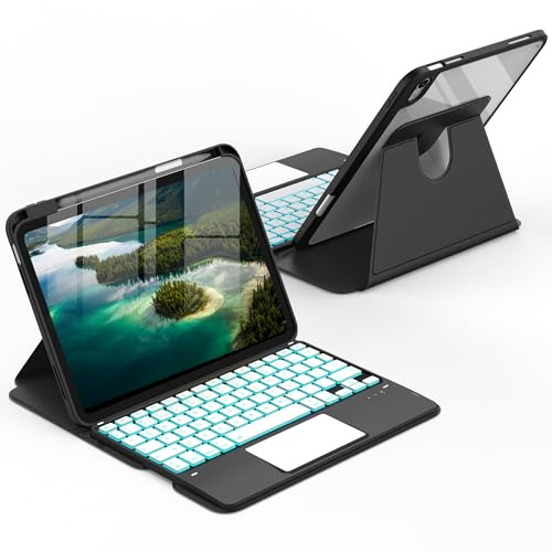 CACOE 360° Hülle mit Tastatur für iPad (A16) 11/10 Generation mit Touchpad | QWERTZ Tastatur für (11/10.9 Zoll) 2025/2022, 7-Farbige Beleuchtung Abnehmbare Kabellose mit Standfunktion, Schwarz