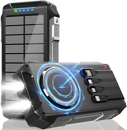 Solar Power Bank Magnetico 26800mAh, PD 30W USB A Powerbank Ricarica Rapida con 4 Cavi, 6 Uscita/4 Ingresso, 15W Ricarica Wireless, Spie luminose a LED, Torcia, Caricatore Portatile con Smartphones