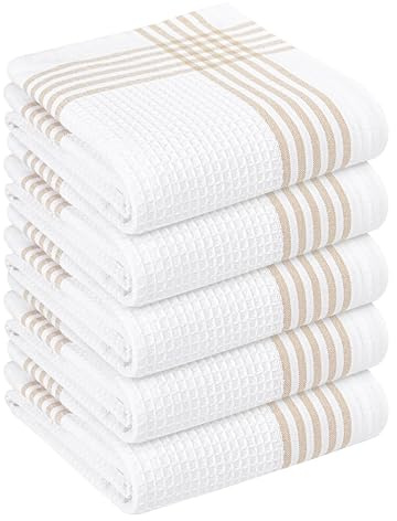 HEIRLOOM COMFORT Strofinacci da cucina a nido d'ape beige e bianco, confezione da 5 pezzi, 100% cotone, 16x26 pollici (40,6 x 66 cm), ultra assorbenti, strofinacci per piatti ad asciugatura rapida