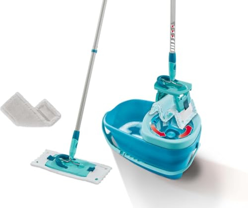 Leifheit Set de Mopa CLEAN TWIST M Ergo, Sistema Centrifugado | Mopa plana con cubo de 6 l, mango telescópico 110-140 cm, funda micro duo y SUPERDUSTER M, giro 360°