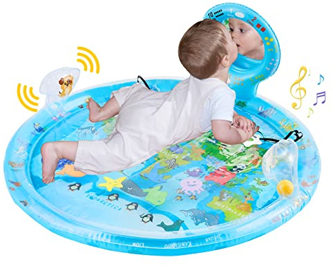MAGOSIS Wassermatte Baby Spielzeug 80×80 cm – Extra Große Montessori Bauchzeit Sensorik Wasserspielmatte mit Spiegel, Rassel & Beißring ab 3–12 Monate, Weltkarten Aquamatte, BPA-Frei & kein Auslaufen