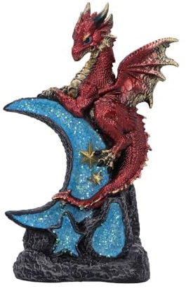 Nemesis Now Mondbarsch Drache Figur - Roter & goldener Drache auf Halbmond, handbemalte Fantasy-Statue aus Kunstharz, 18 cm hoch