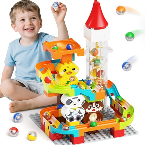 burgkidz Circuits à Billes avec Ascenseur Motorisé, 4 en 1 Labyrinthe à Billes d'animaux Jeux de Construction pour Enfants, Jouets Éducatifs Cadeaux pour Garçons et Filles de 3 à 7 Ans, 92 pièces