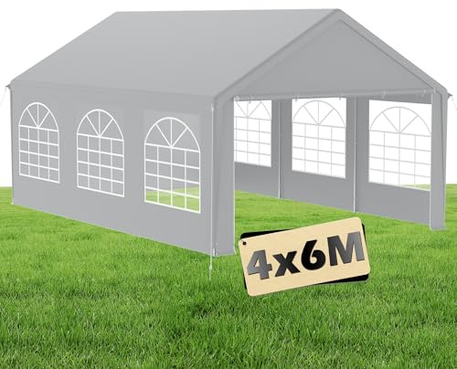 Suusolny 4x6m Premium Großer Pavillon Partyzelt UV-Schutz mit Seitenteilen Gartenpavillon Wasserdicht Winterfest mit Fenster Großzelt Gartenzelt Partyzelt für Hochzeiten Freien Garten - Grau