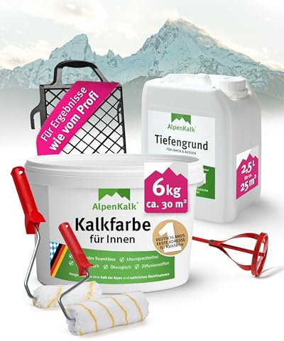 AlpenKalk Starter-Set I Kalkfarbe Innen 6 kg + Tiefengrund 2,5 l für ca. 30 m² I Inkl. 18 cm & 10 cm Spezialrollen, 21x25 cm Abstreifgitter & Quirl I Hochdeckend, atmungsaktiv & wischfest