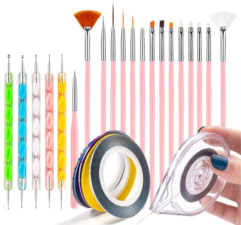 SanKristo Ensemble 26 Pièces Pinceau Ongle, Pinceau Nail Art + 5 Pièce Stylo à Double Pointe + 5 Pièces Bandes Adhésives Nail Art Avec Outil Applicateur, Professionnels Kit Pinceau Nail Art Ongles