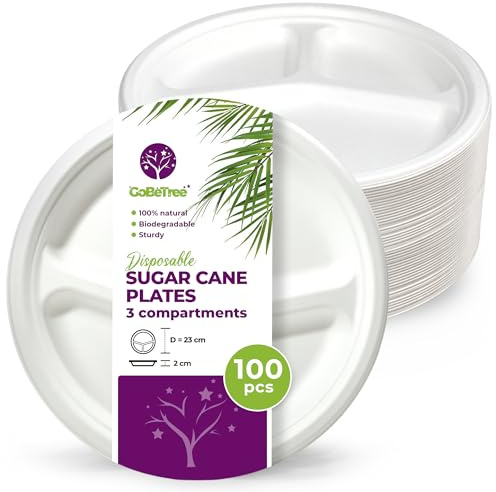 GoBeTree 100 Platos desechables de 23 cm con 3 compartimentos. Platos de caña de azúcar, Vajilla desechable extrafuertes de Color Blanco. Platos Redondos.