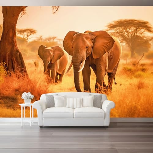 Papel pintado Elefantes de pastizales Naturaleza Fotomurales Pared Tejido No Tejido Decorativos Murales Fotográfico Marrón cálido Color cálido Moderno Decoración de Paredes 250 x 175 cm