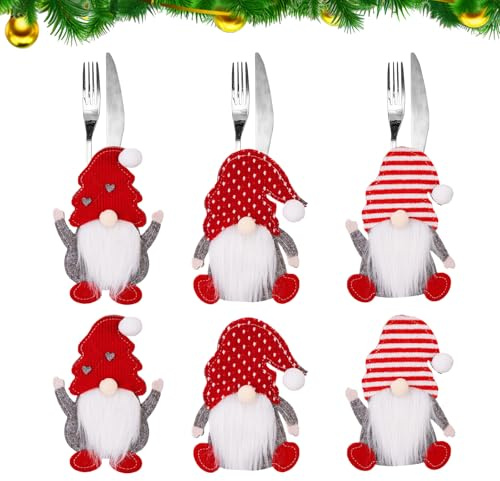 CUVZORA 6 Stück Besteckhalter Weihnachten Filz, Wichtel Tischdekoration, Rot Besteckbeutel Weihnachtsmann, Weihnachts Messer Gabel Löffel Tischdeko, Weihnachten Besteckbeutel für Weihnachts Party