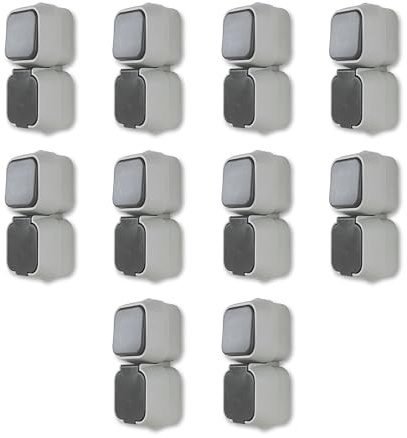 Rev Set de Ahorro estándar – 10 enchufes – A/W Combi Interruptor Combinado, IP44, unipolo, Montaje en Superficie, Vertical, Gris