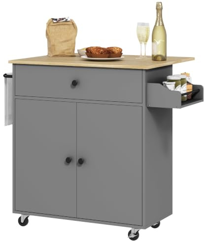 HOMCOM Desserte de Cuisine sur roulettes avec Tiroir 106 x 42 x 87 cm Gris | Îlot Central Cuisine, Étagère Réglable, Placard à Double Porte, Support à Épices, Porte-Serviette