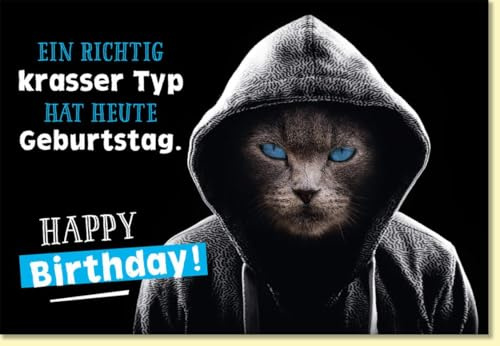 Gutsch Verlag Geburtstagskarte für Männer coole Katze mit Kapuze lustig witzige Doppelkarte zum Geburtstag für echte Typen blaue Augen - mit Umschlag