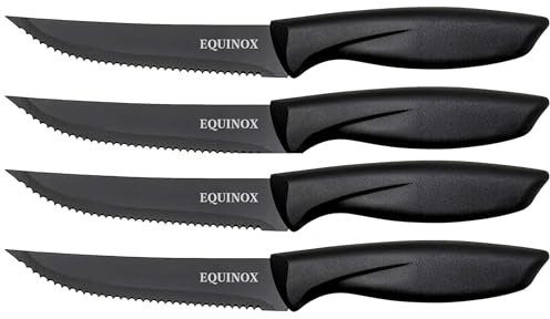 EQUINOX Professional Stainless Steel Steak Knife Set, 4-Piece Kitchen Knives with Ergonomic Black Handles, Serrated Edge, Premium Dining Cutlery (4)