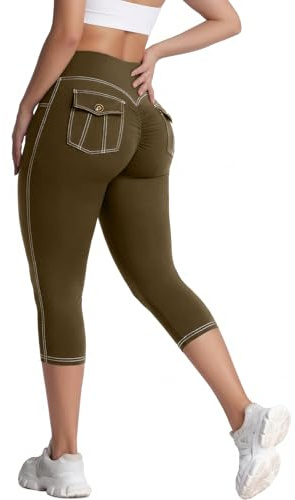STARBILD Femme Leggings Capri Push up avec Poches, Pantacourt de Sport Taille Haute, 3/4 Yoga Pants pour Cycliste Fitness Pilates Casual