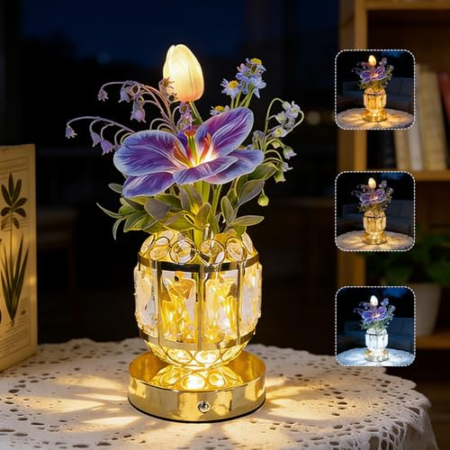 AVEKI Tulip Touch Table Lamp,3 Color Dimmable Crystal Vase Bedside Light | Rechargeable Artificial Flowers Desk Lamp, Elegant Floral Ambient Lamp Decor for Date Party Home, Romantic Gift for Woman Mom