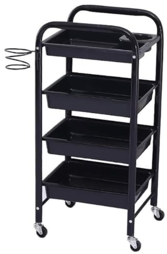Chariot Coiffure Domicile Chariot De Salon Beauté avec Tiroir en PVC À roulettes pour Coiffeur Support pour Sèche-Cheveux Utilitaire Roue Fer Tablette De Salon A Roulette(Black,4-Tiers)