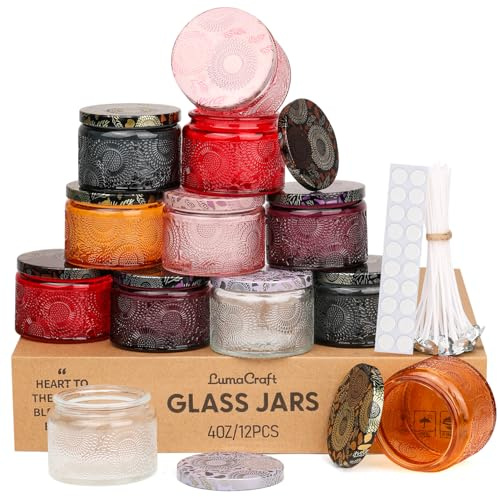 LumaCraft Candle Luxus Relief Kerzengläser zum Kerzen gießen- 12er Pack Leere Glasgefäße mit Luftdichtem Metalldeckel,20pcs Dochte & 20 pcs Aufkleber - 4oz Vintage Farbige Gläser für