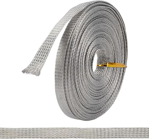 ORIGACH 32.8 FT Tinned Copper Braided Metal Cable Shielding Sleeve, 0.3 Inch Expandable Flat Braided Copper Ground Strap for Ground Protection Cable