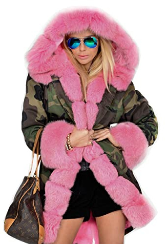 Roiii Women Thicken Warm Winter Coat Hood Down Parka Faux Fur Outdoor Overcoat Long Jacket Outwear
