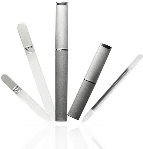 Bona Fide Beauty Czech Glass Nail Kit for Natural Nails: 3 Pc Set (Silver) | Genuine Bohemian crystal glass file with case, easy to clean fingernail file, reusable manicure tool, fine grit file