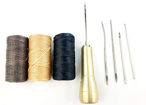 Becho Juego de 5 agujas de coser a mano con mango de cobre para reparación de zapatos e hilo encerado de costura de 150 D/150 m para lienzo de costura, artesanía de cuero (dorado)