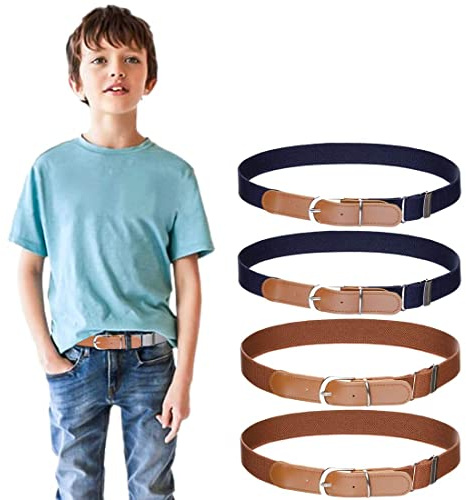 4 Stück Jungen Mädchen Elastischer Gürtel - Verstellbarer Schnallengürtel mit Leder für Kinder von 3-15 Jahren (2 Marineblau/2 Braun)