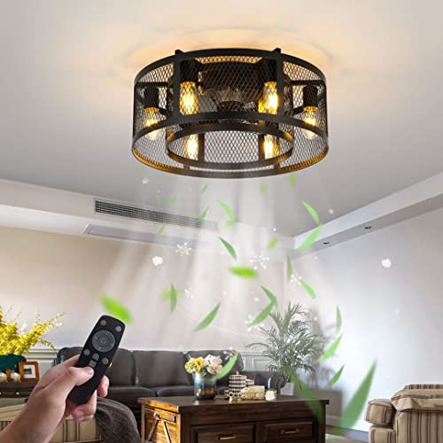 Plafonnier Ventilateur Plafond avec Éclairage et Télécommande Fan Lustre Silencieux Industriel Rétro lampe de plafond cage en métal Ventilateur de Luminaire pour Salon Restaurant Chambre Lumière E27*6